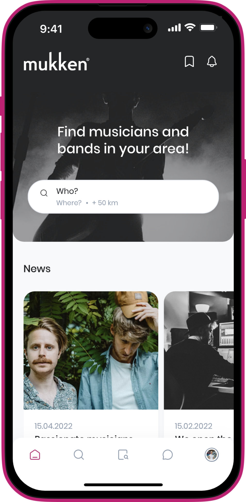 App mockup for musicians and bands in your area